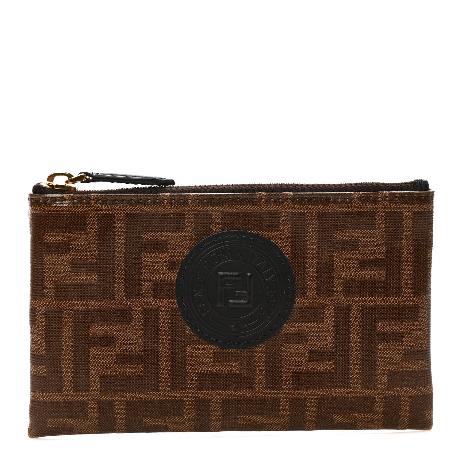 Fendi Glazed Fabric Vitello Century FF 1974 Stamp Patch XS FFreedom Flat Pouch Mogano Panna Black 1 of 7