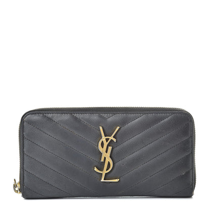 Saint Laurent Grain De Poudre Matelasse Chevron Monogram Zip Around Wallet Grey 1 of 17