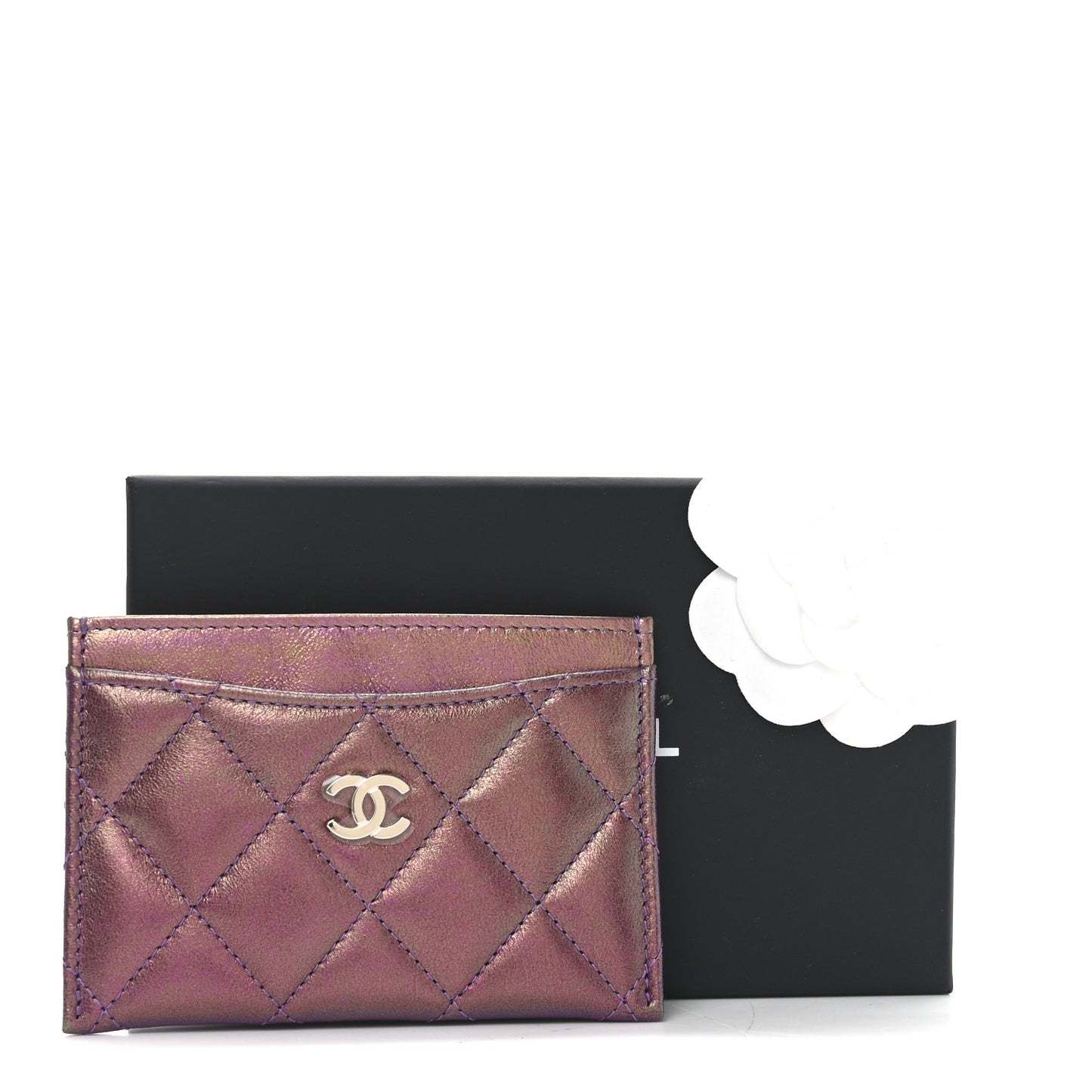 Iridescent Lambskin Quilted Card Holder Purple