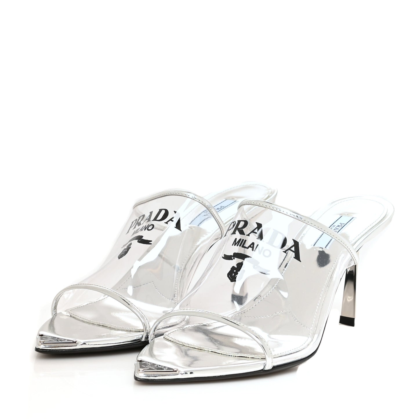 Plexiglass Metallic Calfskin Metal Triangle Logo 75mm Slide Sandals 40 Argento