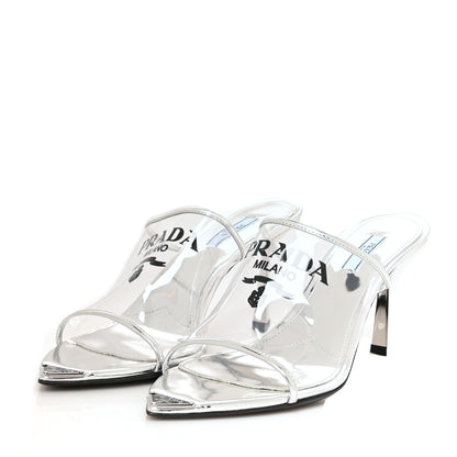 Prada Plexiglass Metallic Calfskin Metal Triangle Logo 75mm Slide Sandals 40 Argento 3 of 7