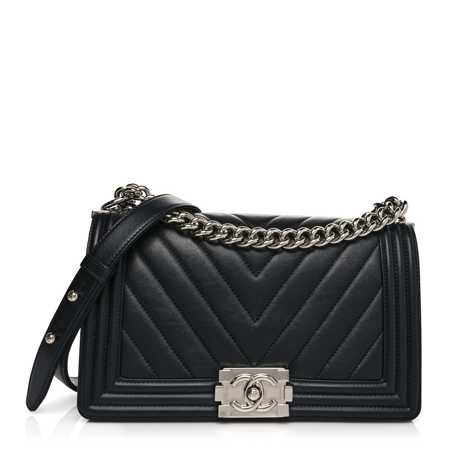 Calfskin Chevron Quilted Medium Boy Flap Black