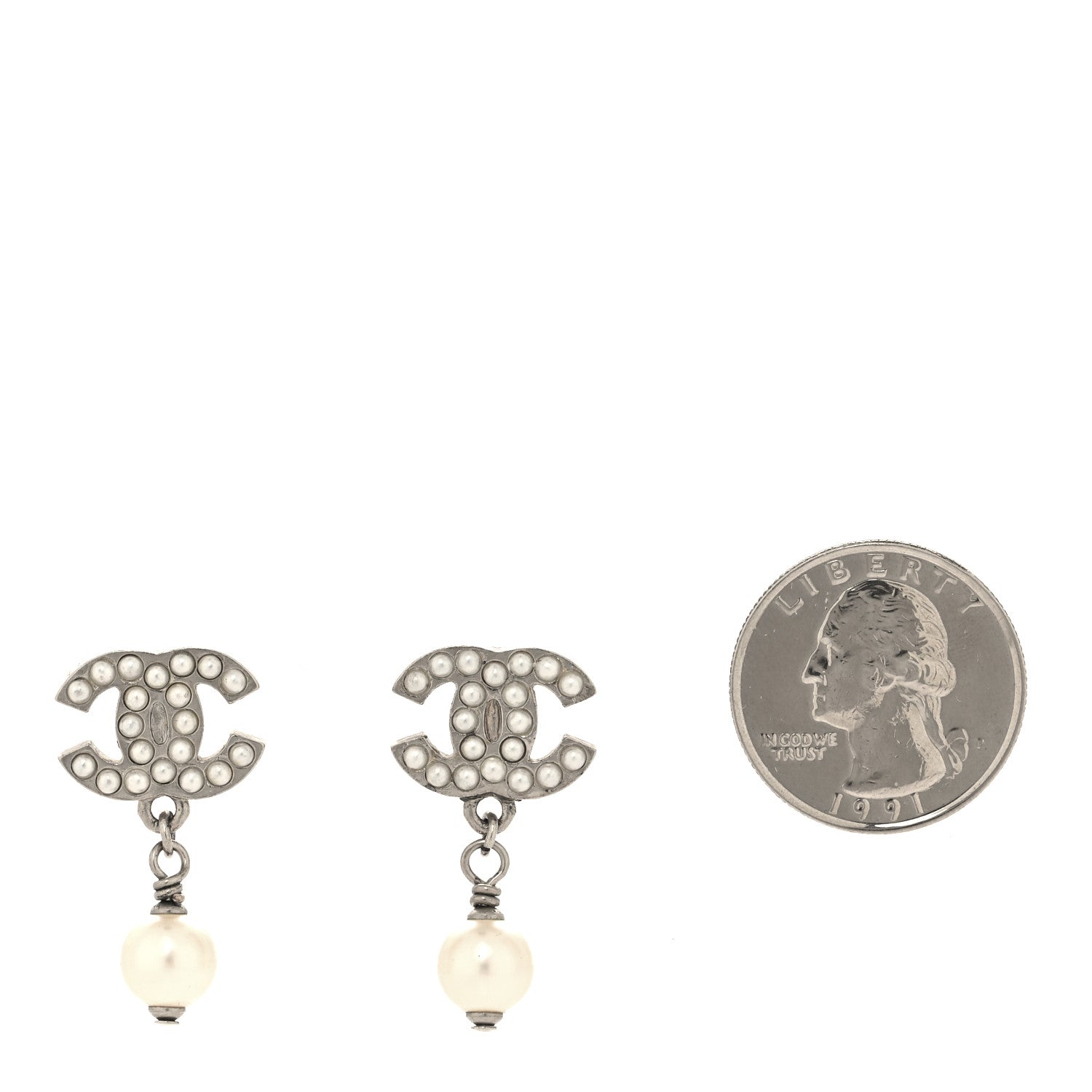 Chanel Crystal Pearl CC Drop Earrings Silver 2 of 4