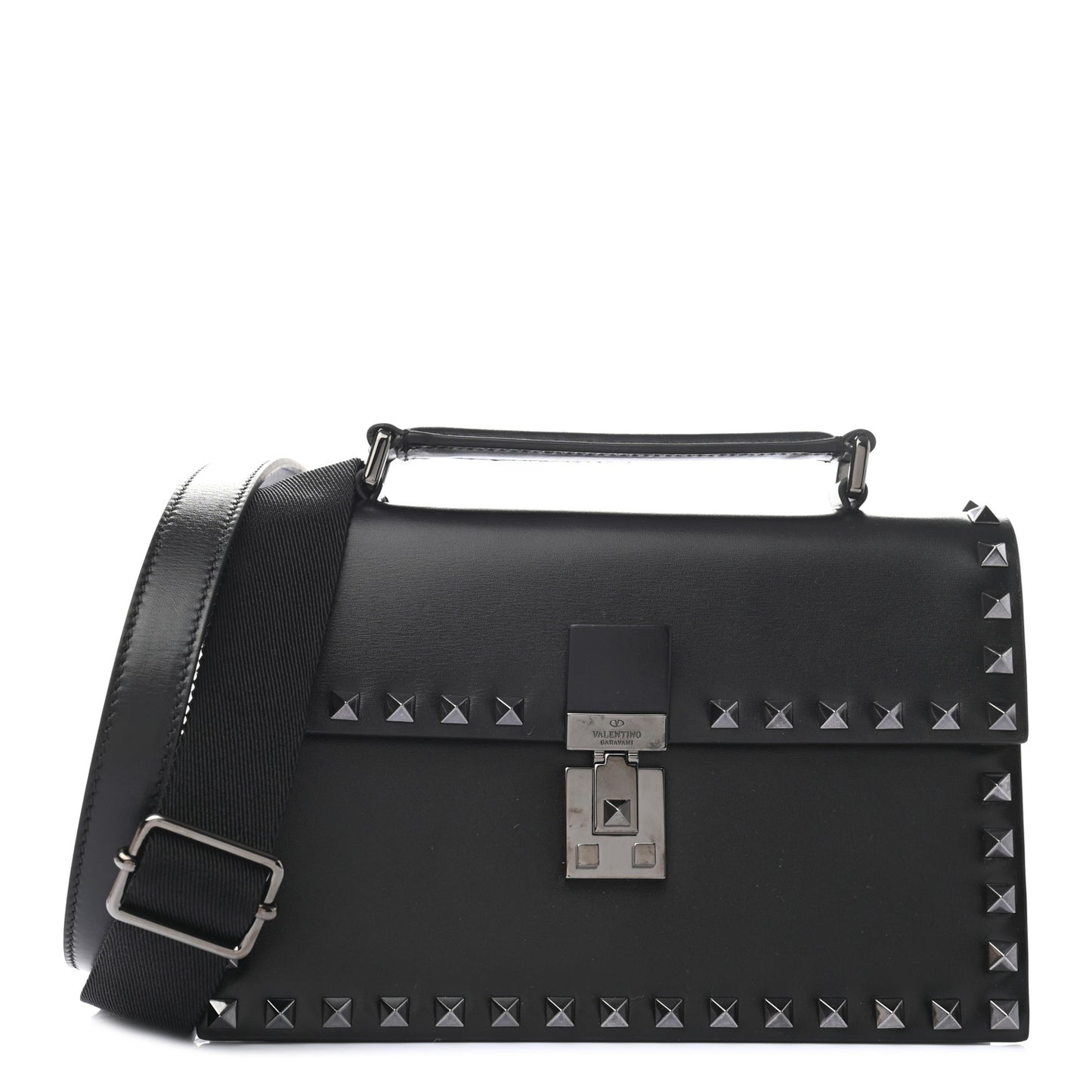 Calfskin Rockstud Flap Top Handle Crossbody Bag Black