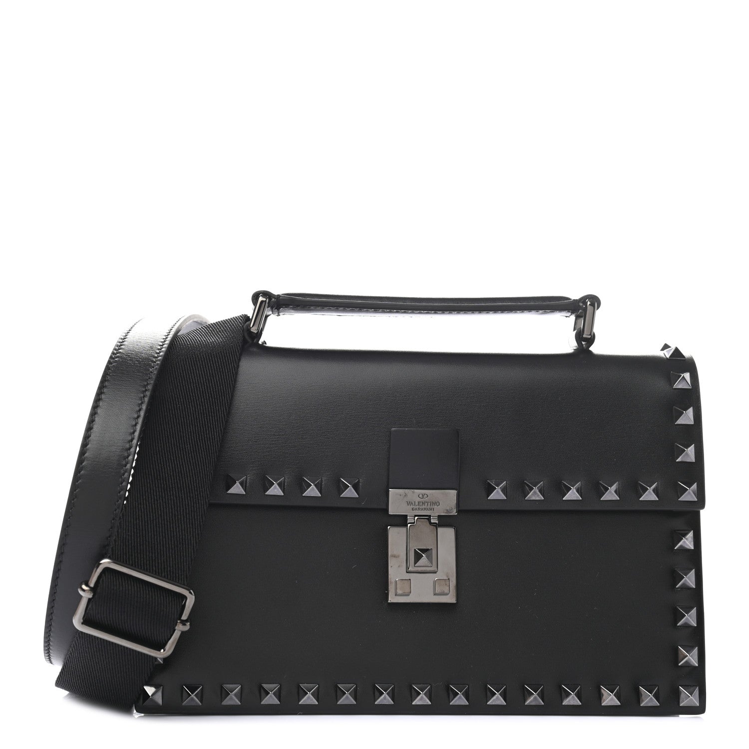 Valentino Garavani Calfskin Rockstud Flap Top Handle Crossbody Bag Black 1 of 8