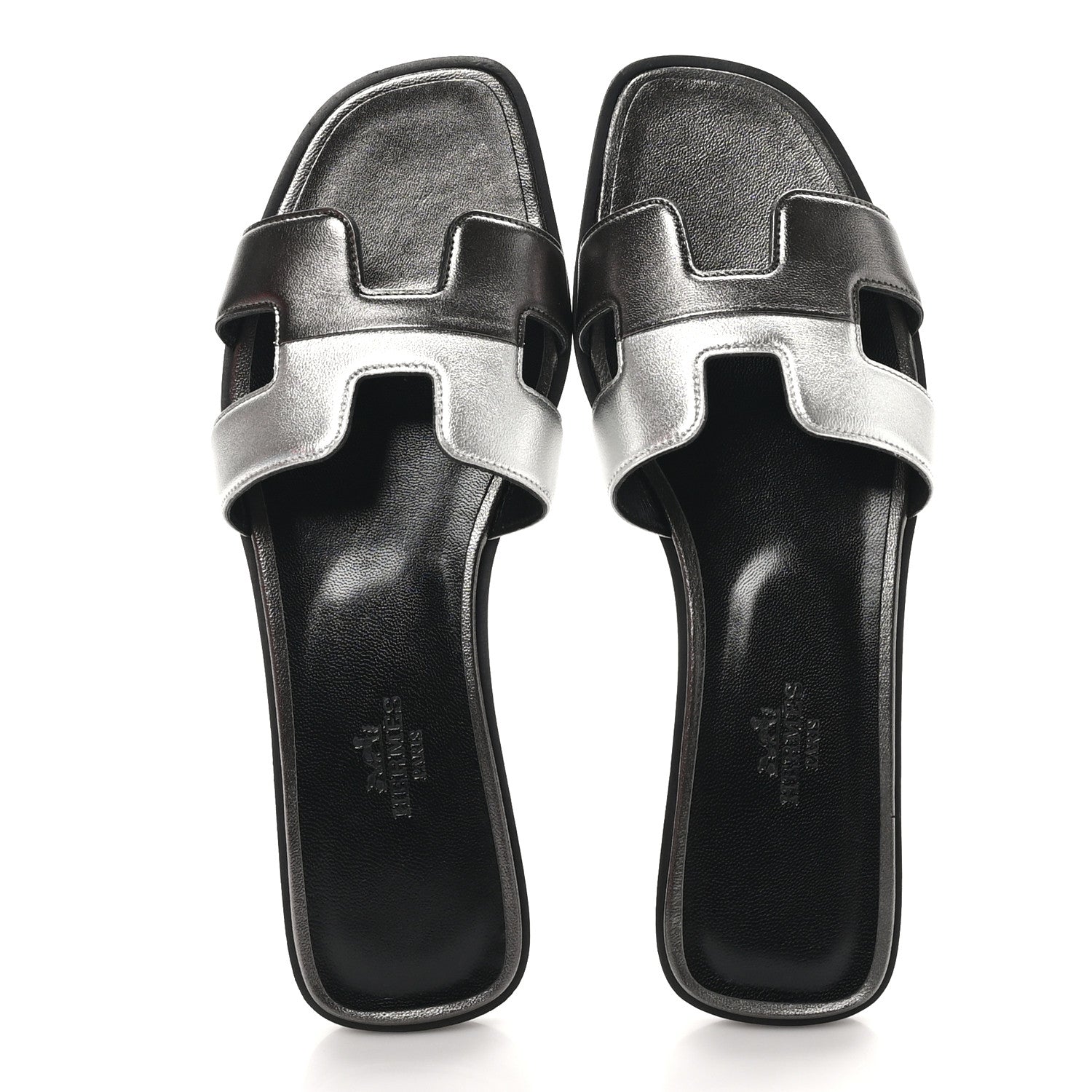 Hermes Metallic Nappa Box Oran Sandals 37 Canon De Fusil Argent 2 of 9