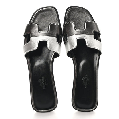 Hermes Metallic Nappa Box Oran Sandals 37 Canon De Fusil Argent 2 of 9