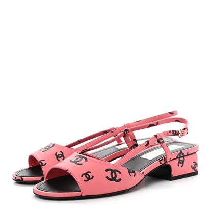 Chanel Printed Lambskin CC Slingback Sandals 39 Pink Black 3 of 9