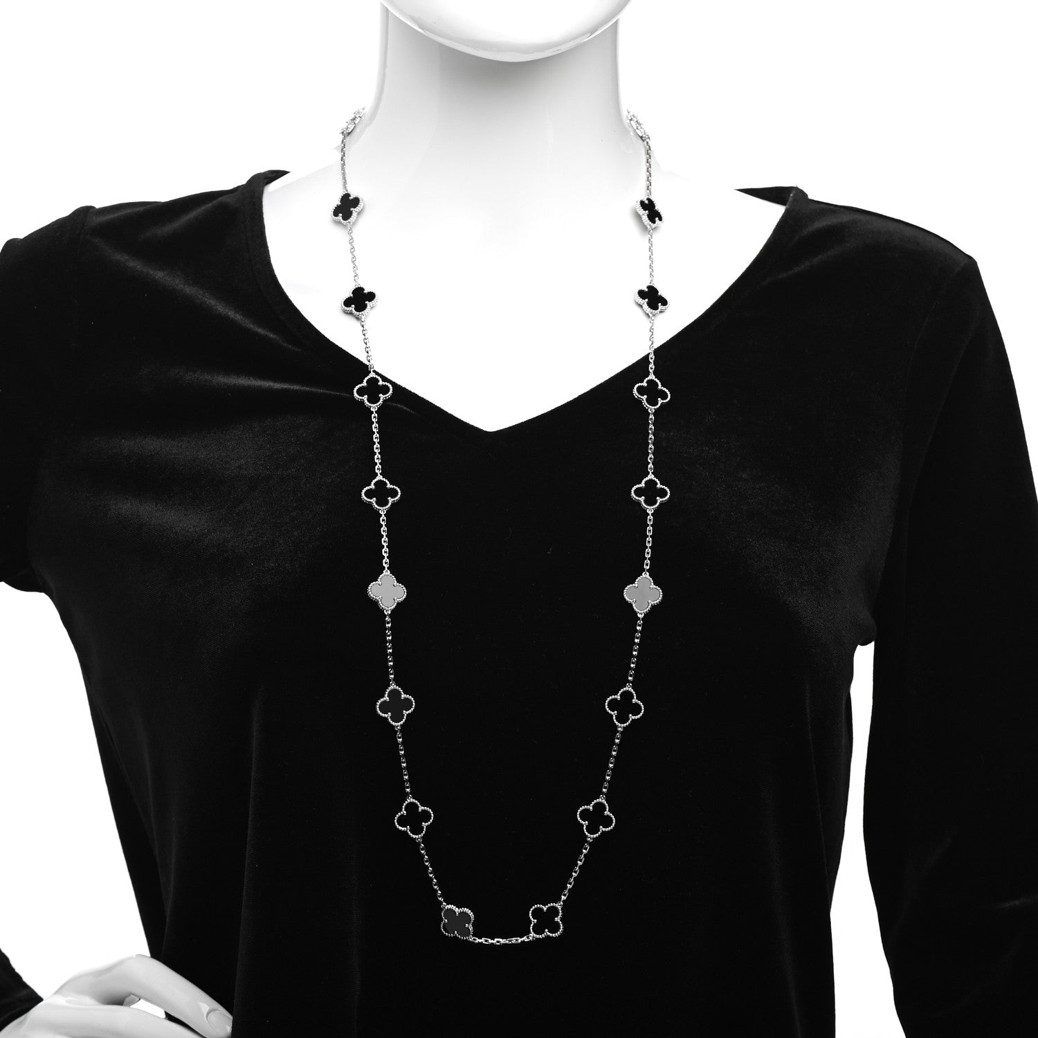 Van Cleef & Arpels 18K White Gold Black Onyx 20 Motifs Vintage Alhambra Necklace 2 of 4