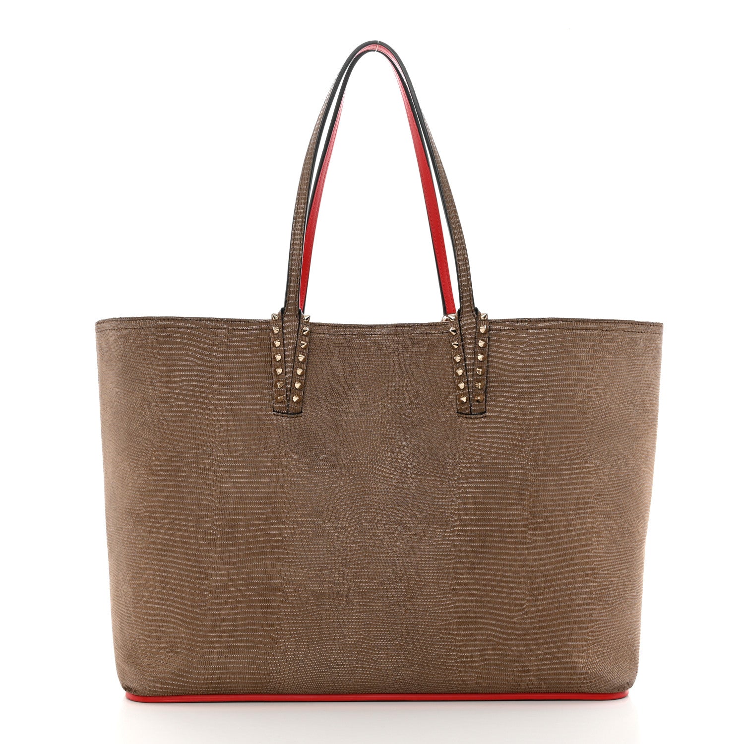 Christian Louboutin Calfskin Lizard Embossed Spikes East West Cabata Tote Brown 3 of 12