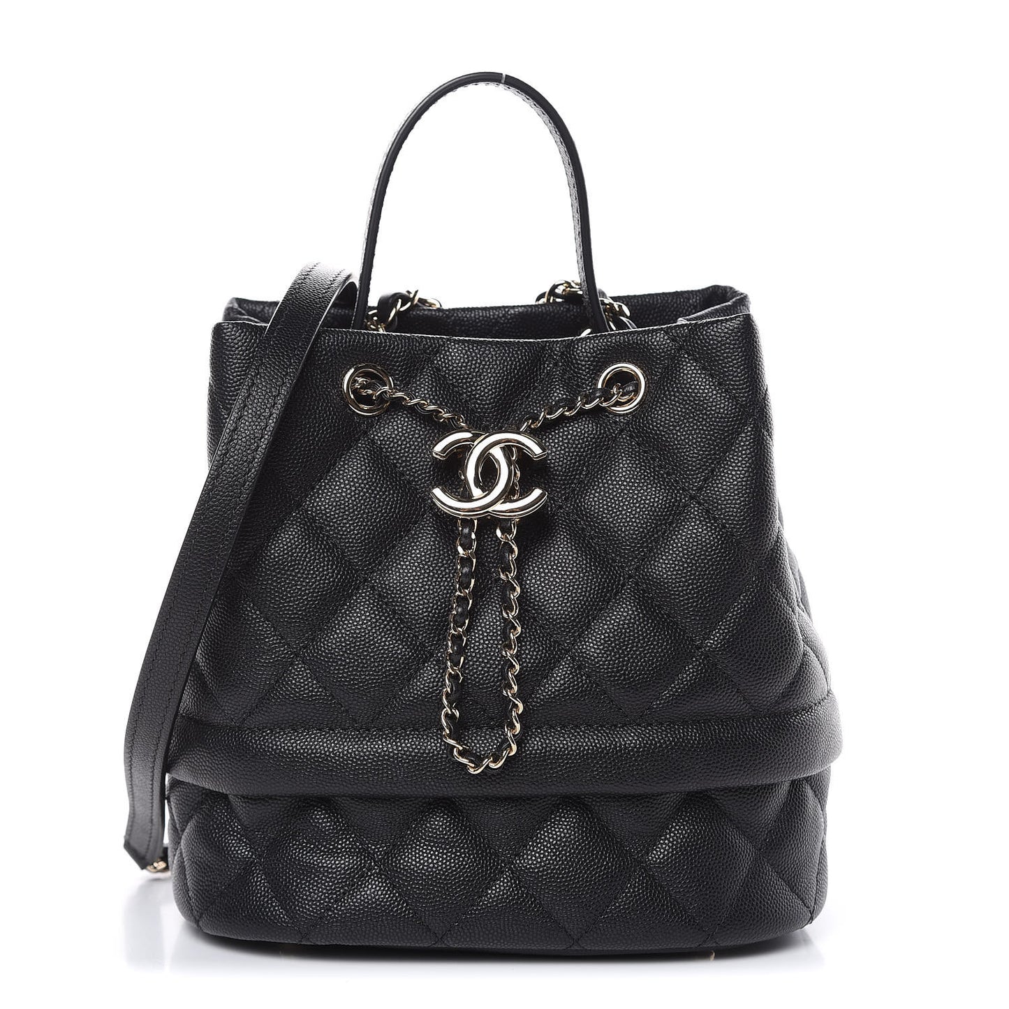 Caviar Quilted Rolled Up Bucket Drawstring Bag Black