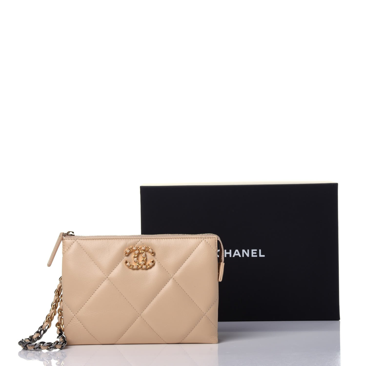 Chanel Shiny Goatskin Quilted Chanel 19 Small Pouch With Handle Beige 12 of 12