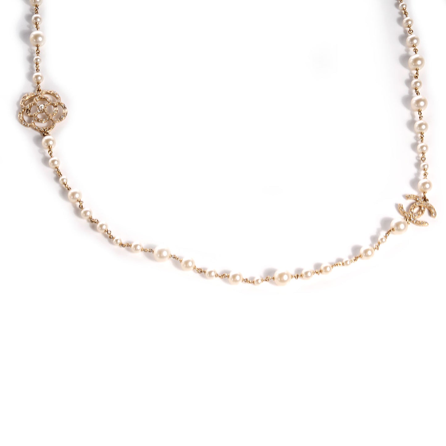 Pearl Crystal Camellia CC Necklace Gold