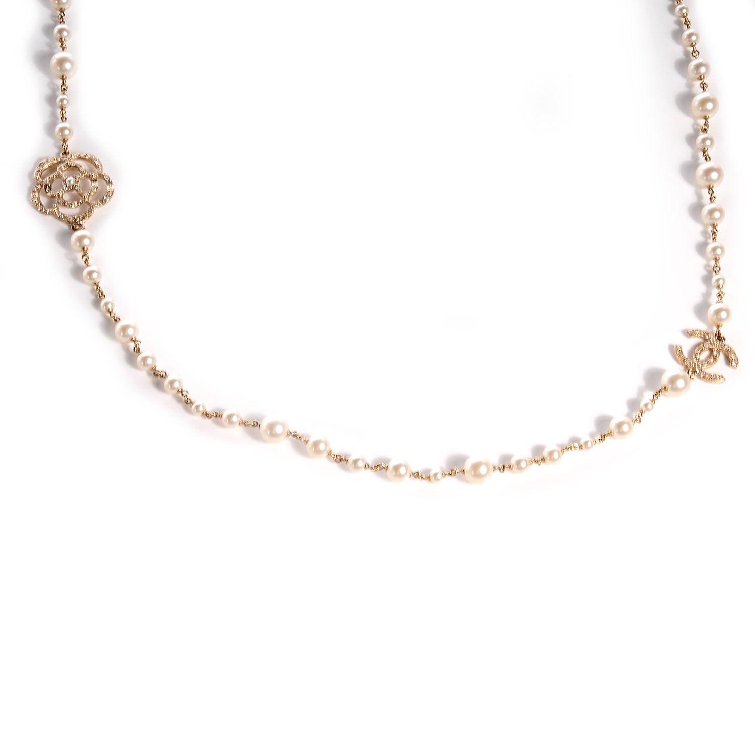 Chanel Pearl Crystal Camellia CC Necklace Gold 4 of 8