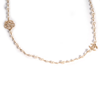 Chanel Pearl Crystal Camellia CC Necklace Gold 4 of 8