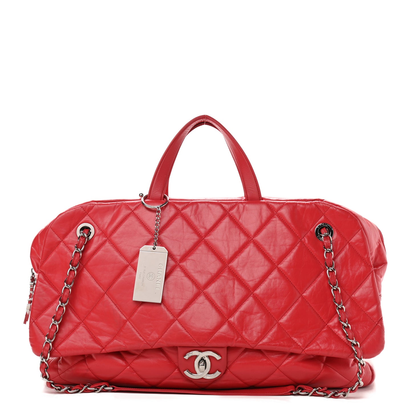 Aged Calfskin Quilted Large Express Bowling Bag Red