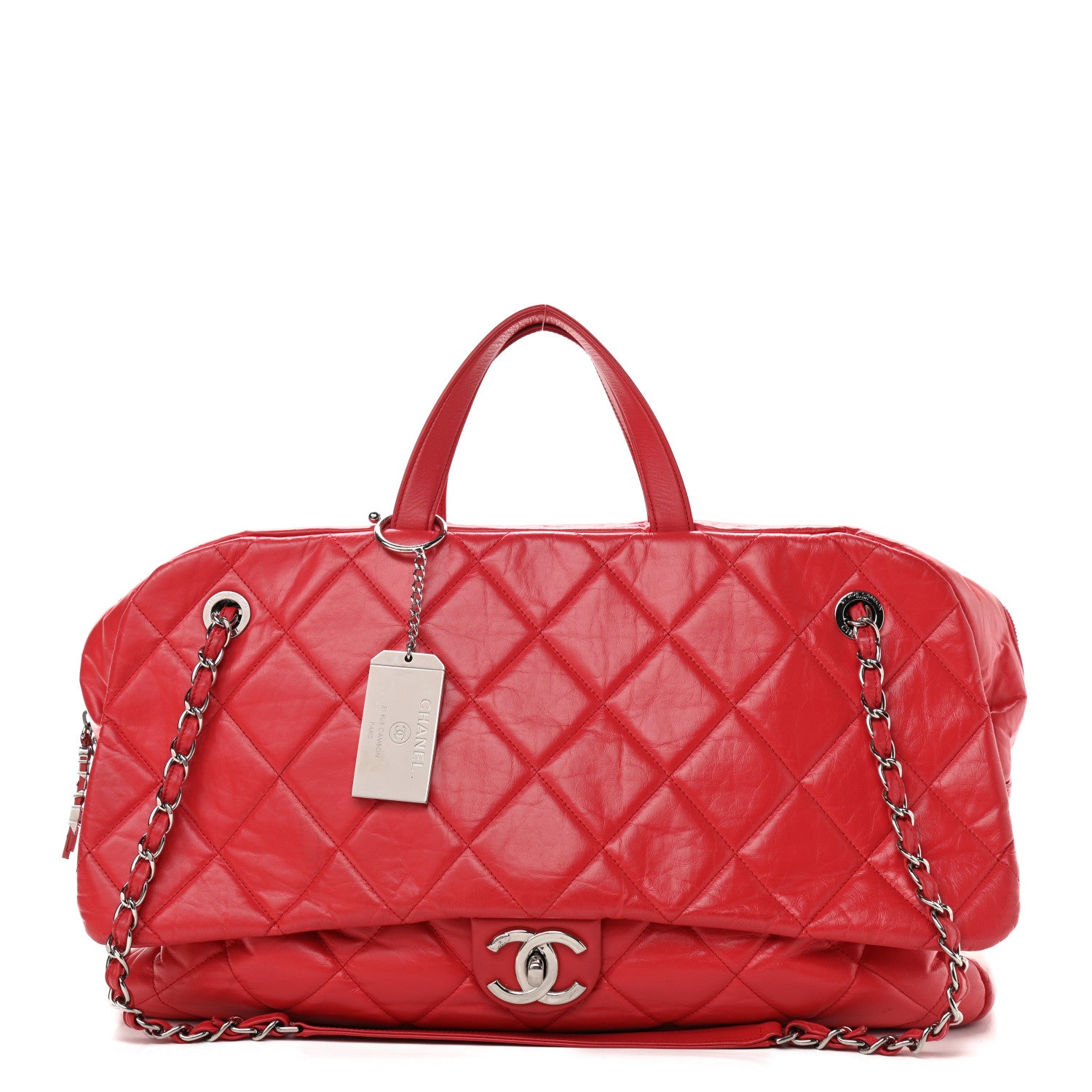 Chanel Aged Calfskin Quilted Large Express Bowling Bag Red 1 of 14