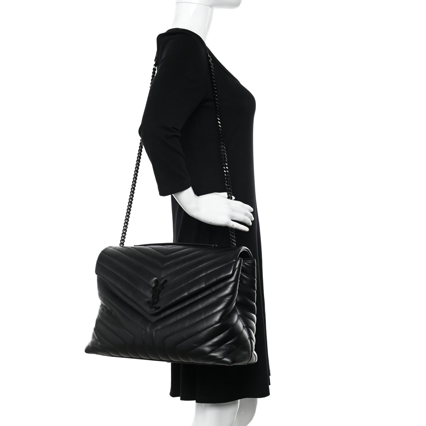 Calfskin Y Quilted Monogram Monochrome Large Loulou Chain Satchel Black