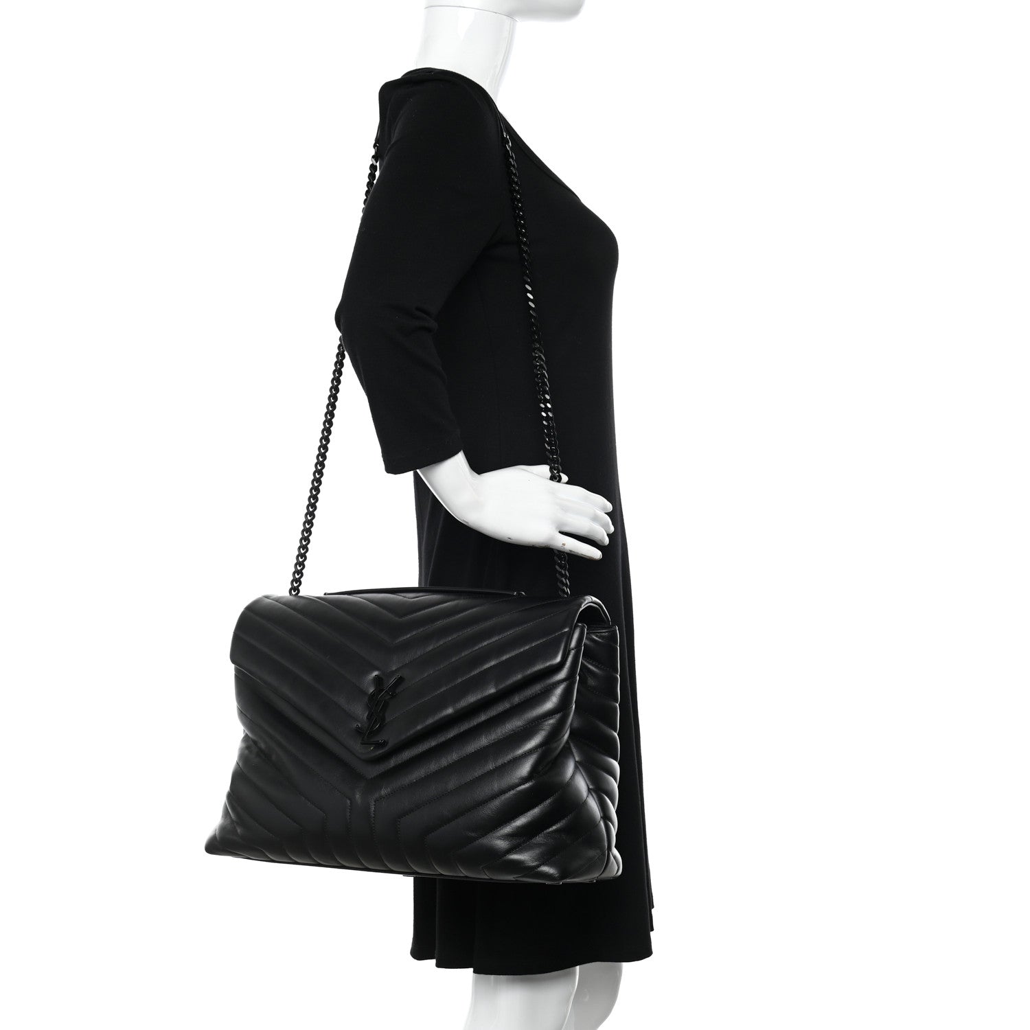 Saint Laurent Calfskin Y Quilted Monogram Monochrome Large Loulou Chain Satchel Black 2 of 13