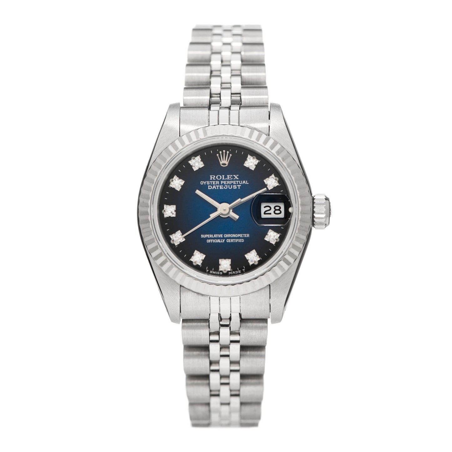 Stainless Steel 18K White Gold Diamond 26mm Oyster Perpetual Datejust Watch Blue Gradient 69174