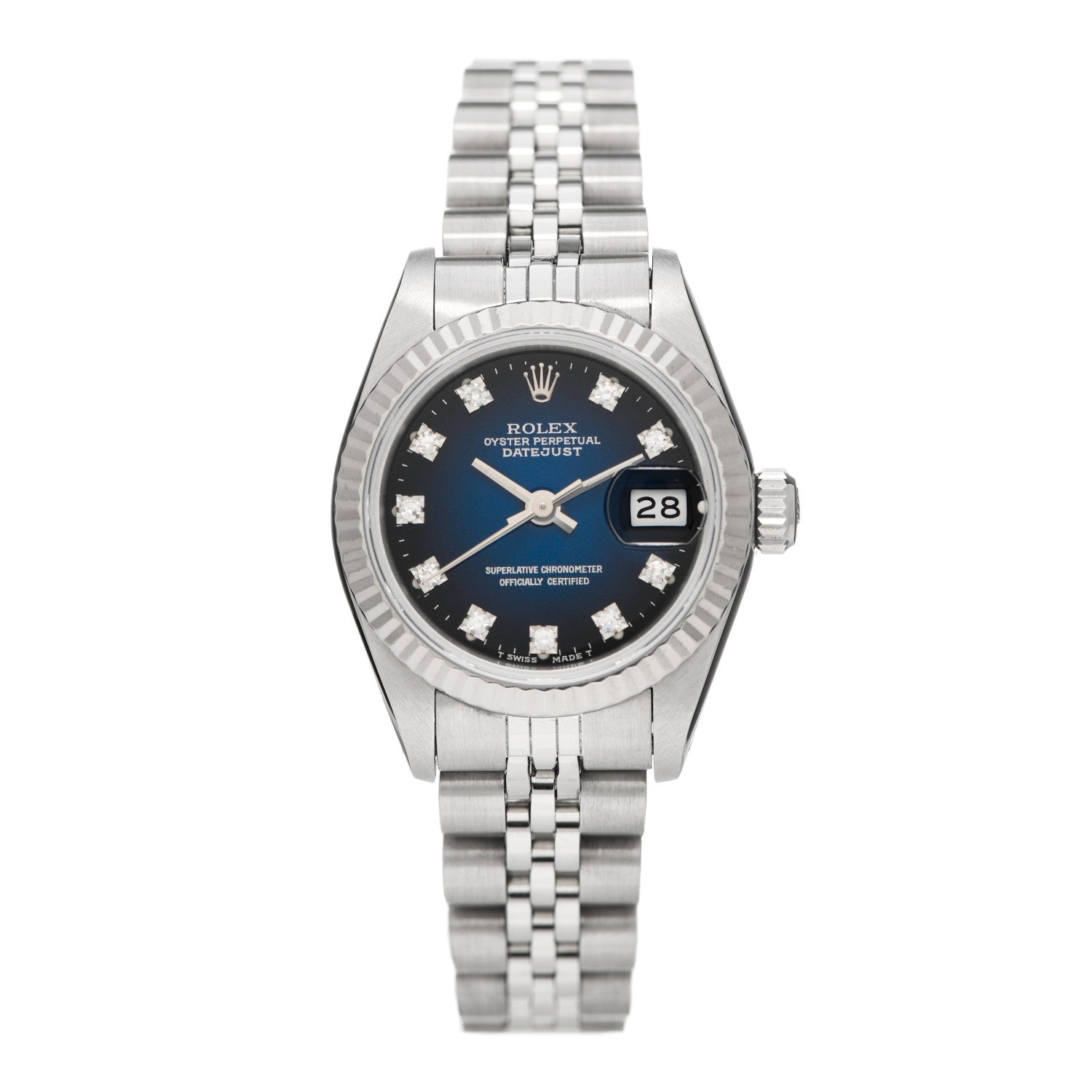 Rolex Stainless Steel 18K White Gold Diamond 26mm Oyster Perpetual Datejust Watch Blue Gradient 69174 1 of 4