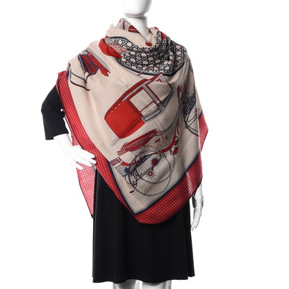 Hermes Cashmere Silk Les Voitures A Transformation Shawl 140 Naturel Rouge H Bleu 2 of 7
