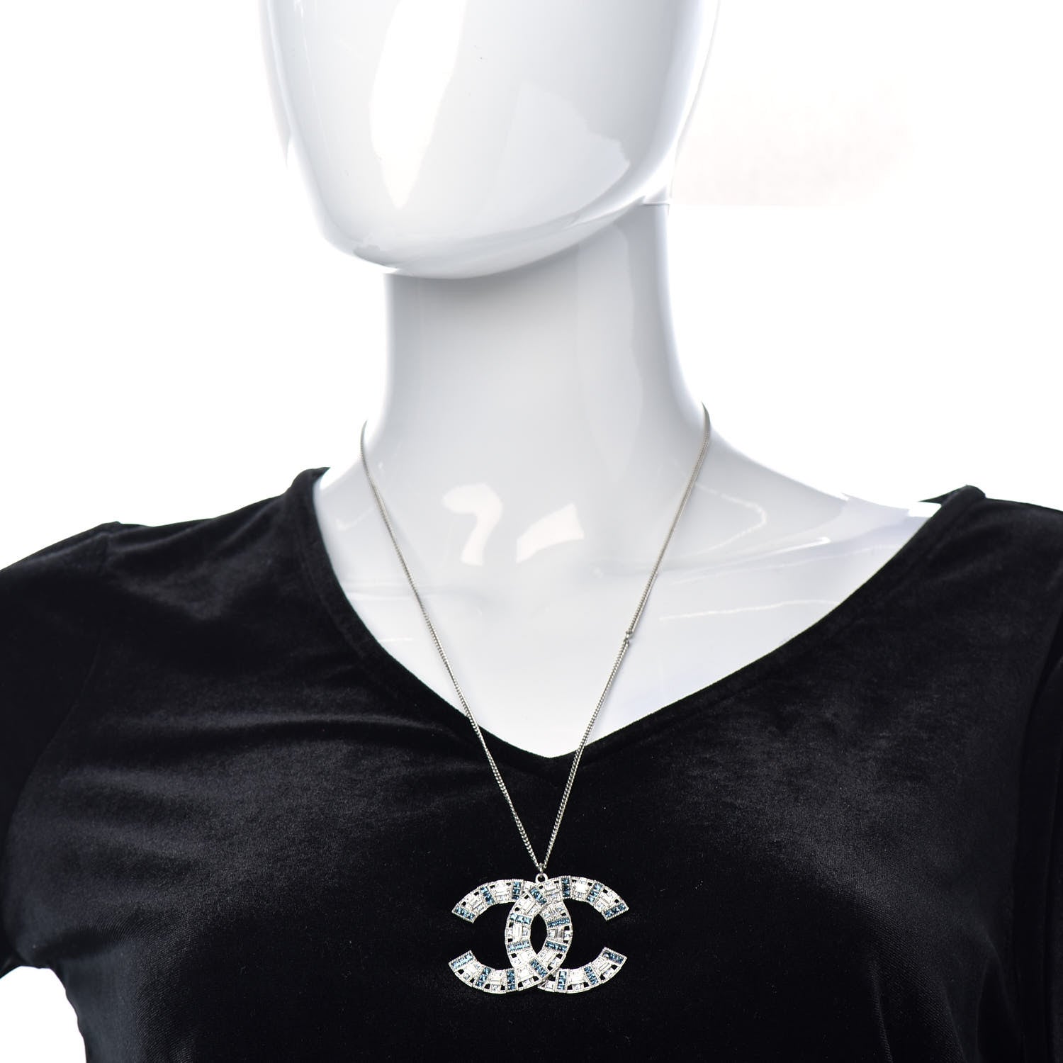 Chanel Baguette Crystal CC Necklace Silver Blue 2 of 5