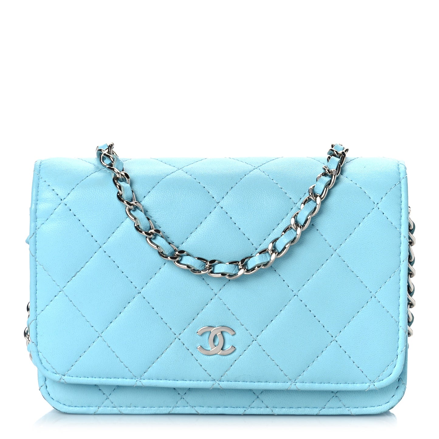 Lambskin Quilted Mini Wallet On Chain WOC Neon Blue
