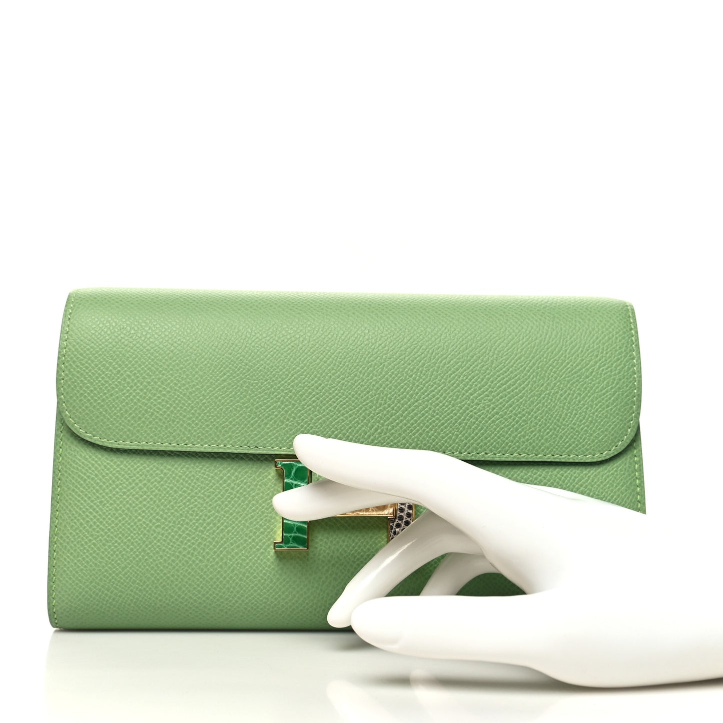 Epsom Alligator Lizard Constance Wallet To Go Vert Criquet Cactus Beige Sable Ombre