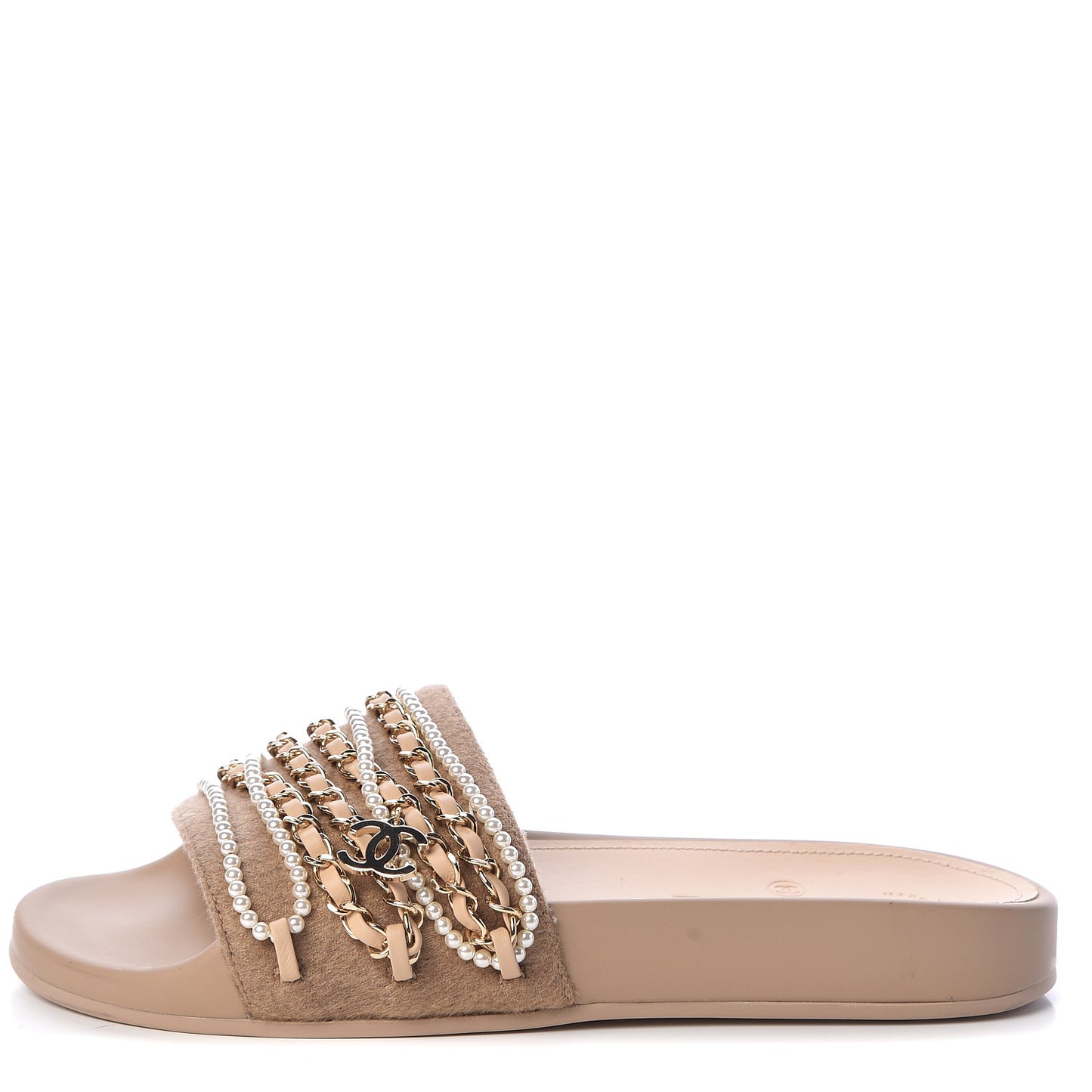 Tweed Pearl Chain Flat Sandals 38 Beige