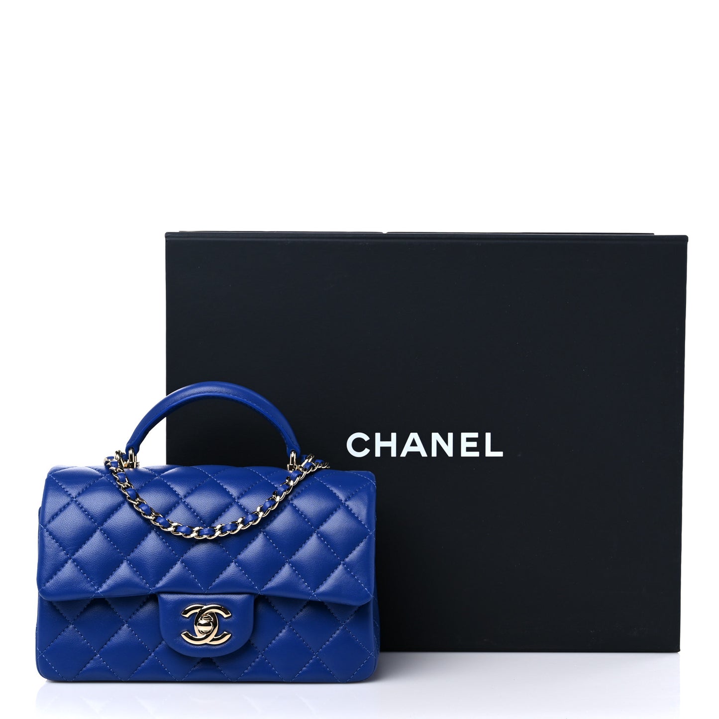 Lambskin Quilted Mini Top Handle Rectangular Flap Blue