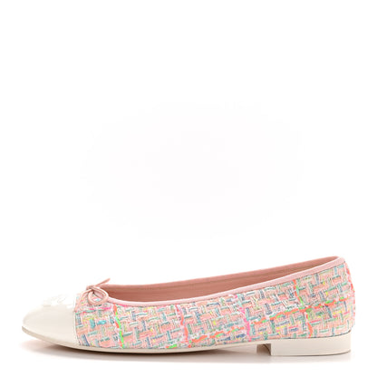 Chanel Cotton Tweed Patent Calfskin Cap Toe Ballerina Flats 40 Light Pink Multicolor White 1 of 10