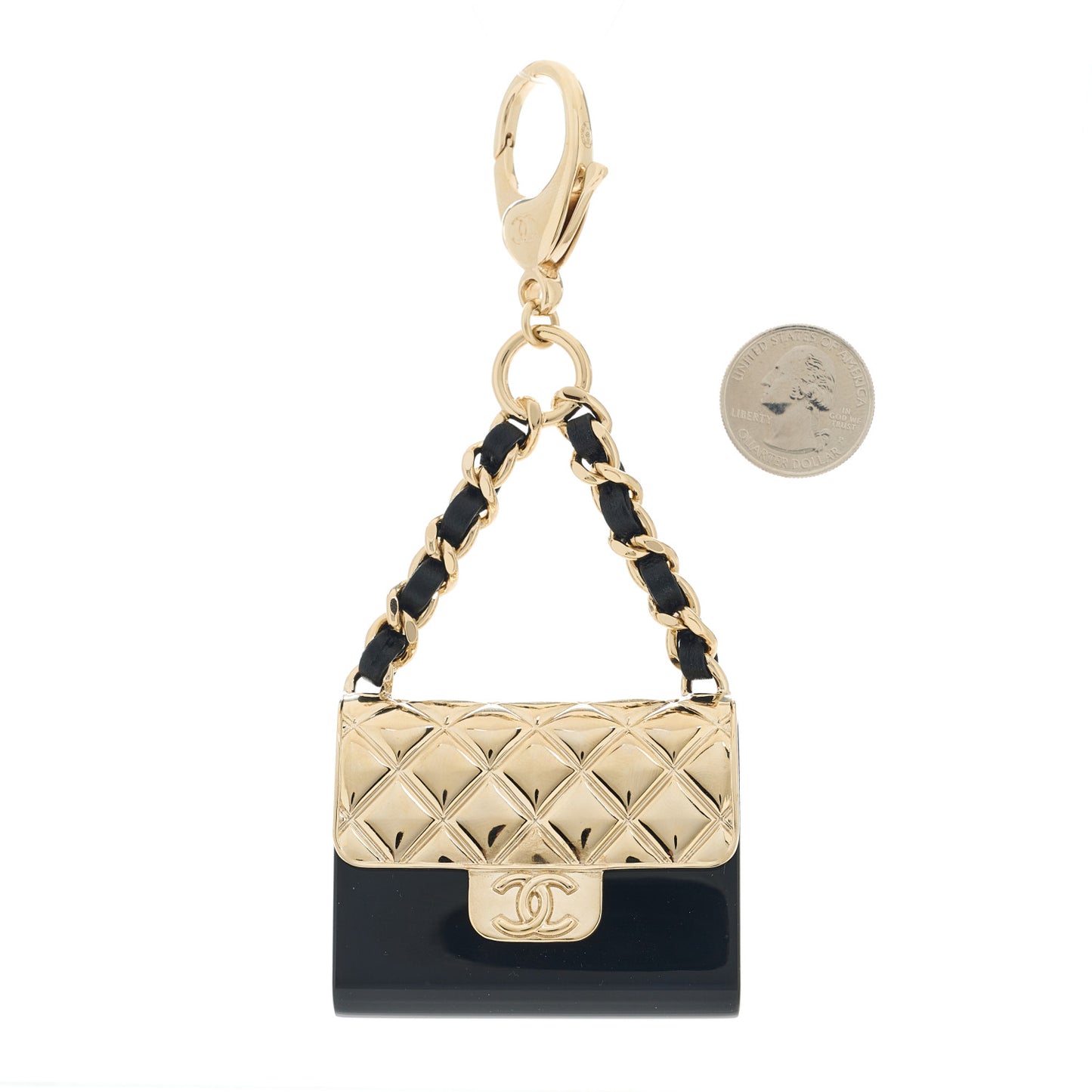 Metal Resin Lambskin Quilted Minaudiere Keychain Golden Black
