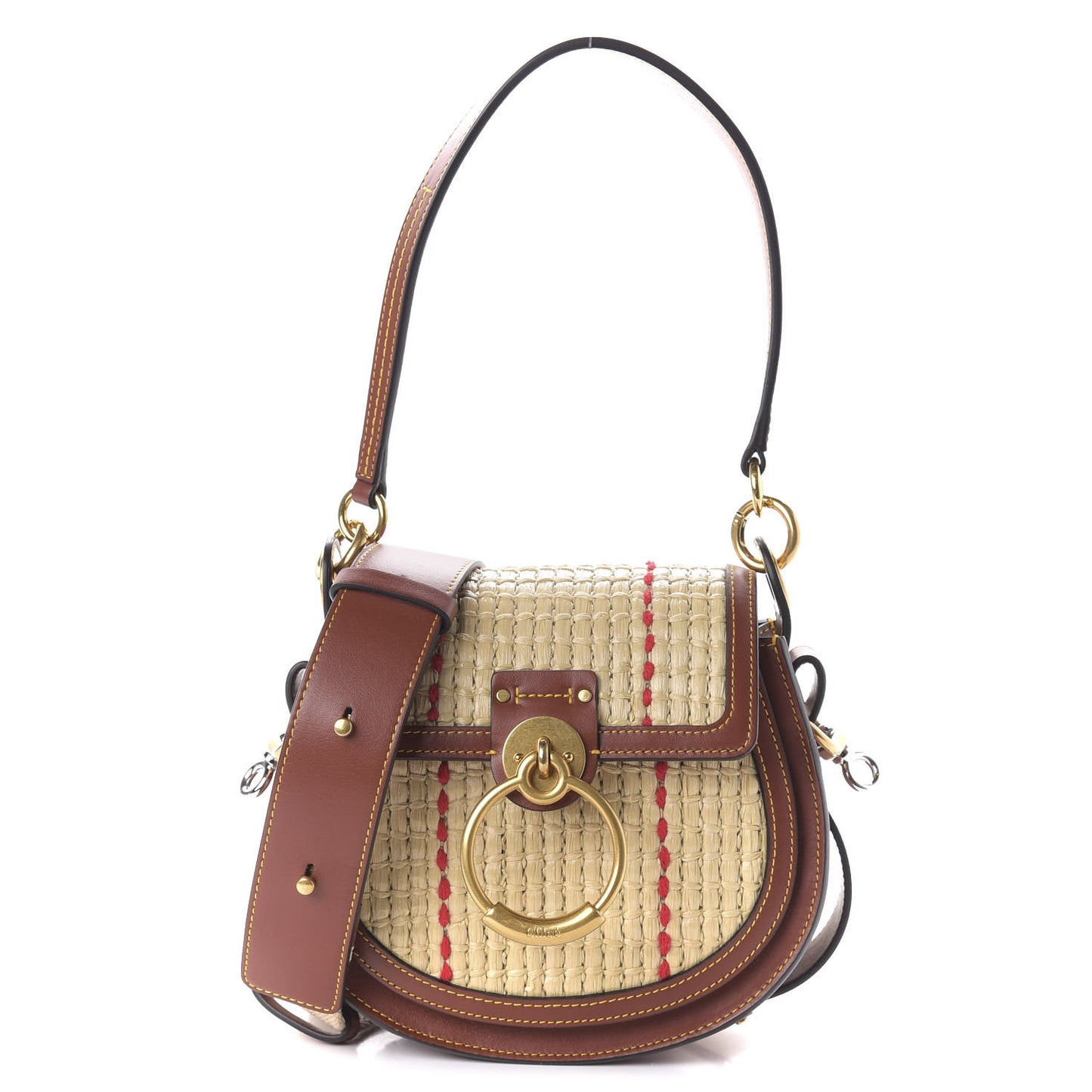 Calfskin Raffia Embroidered Small Tess Bag Sepia Brown