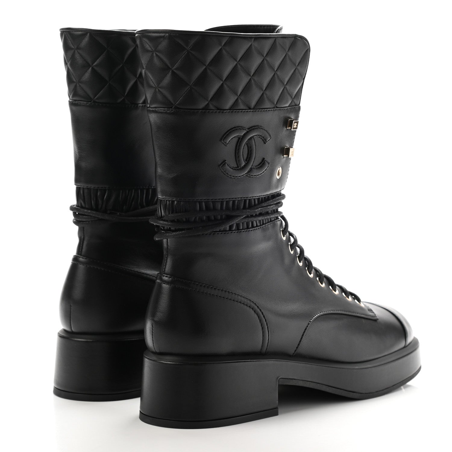Chanel Lambskin Quilted Lace Up Combat Boots 41 Black 4 of 9