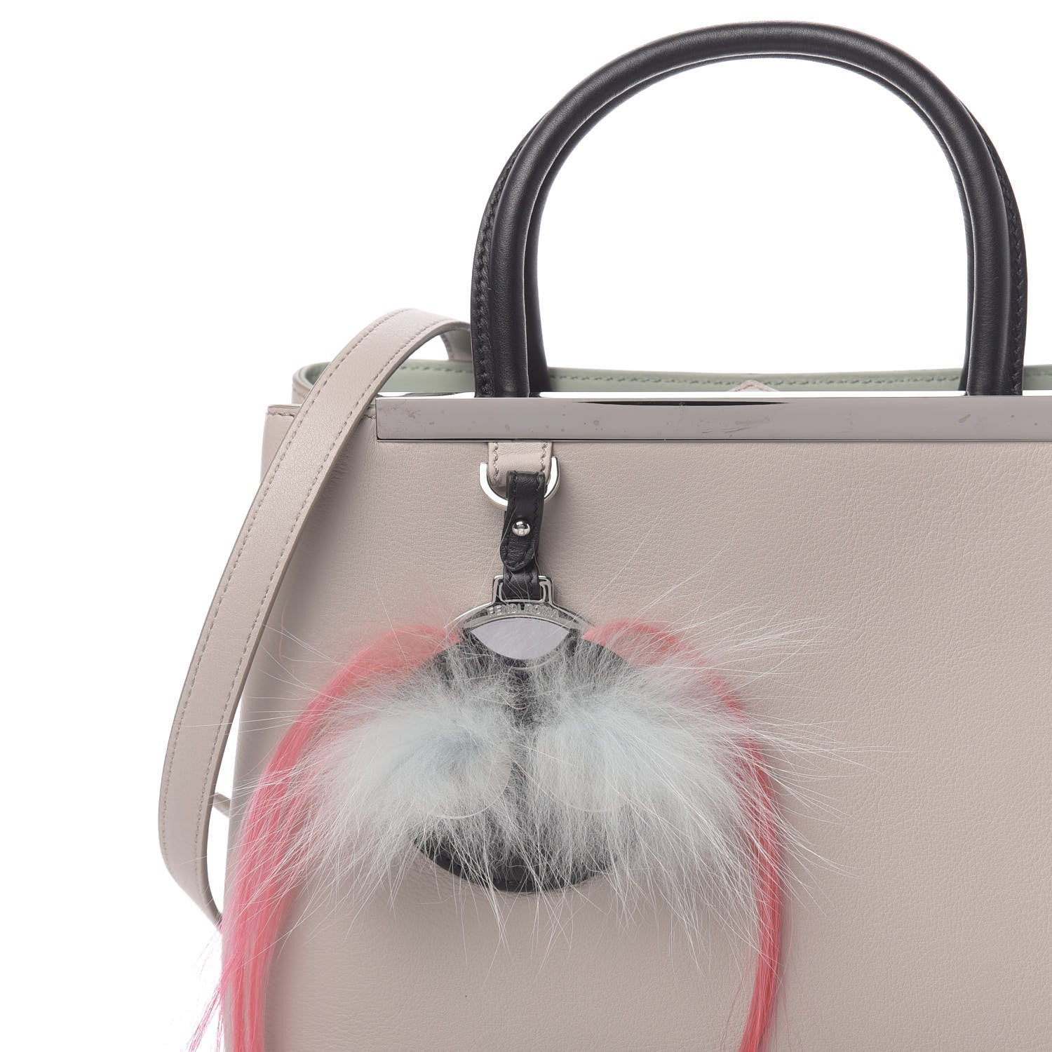 Fendi Vitello Dolce Fox Goat Bi-Color Sad Eyes Mirror Charm Petite 2Jours Tote Grigio Polvere Black 10 of 10