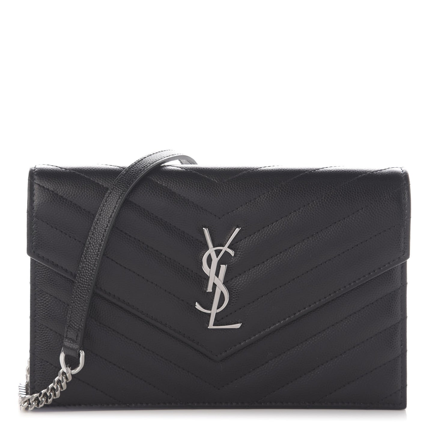 Grain De Poudre Matelasse Chevron Monogram Envelope Chain Wallet Black