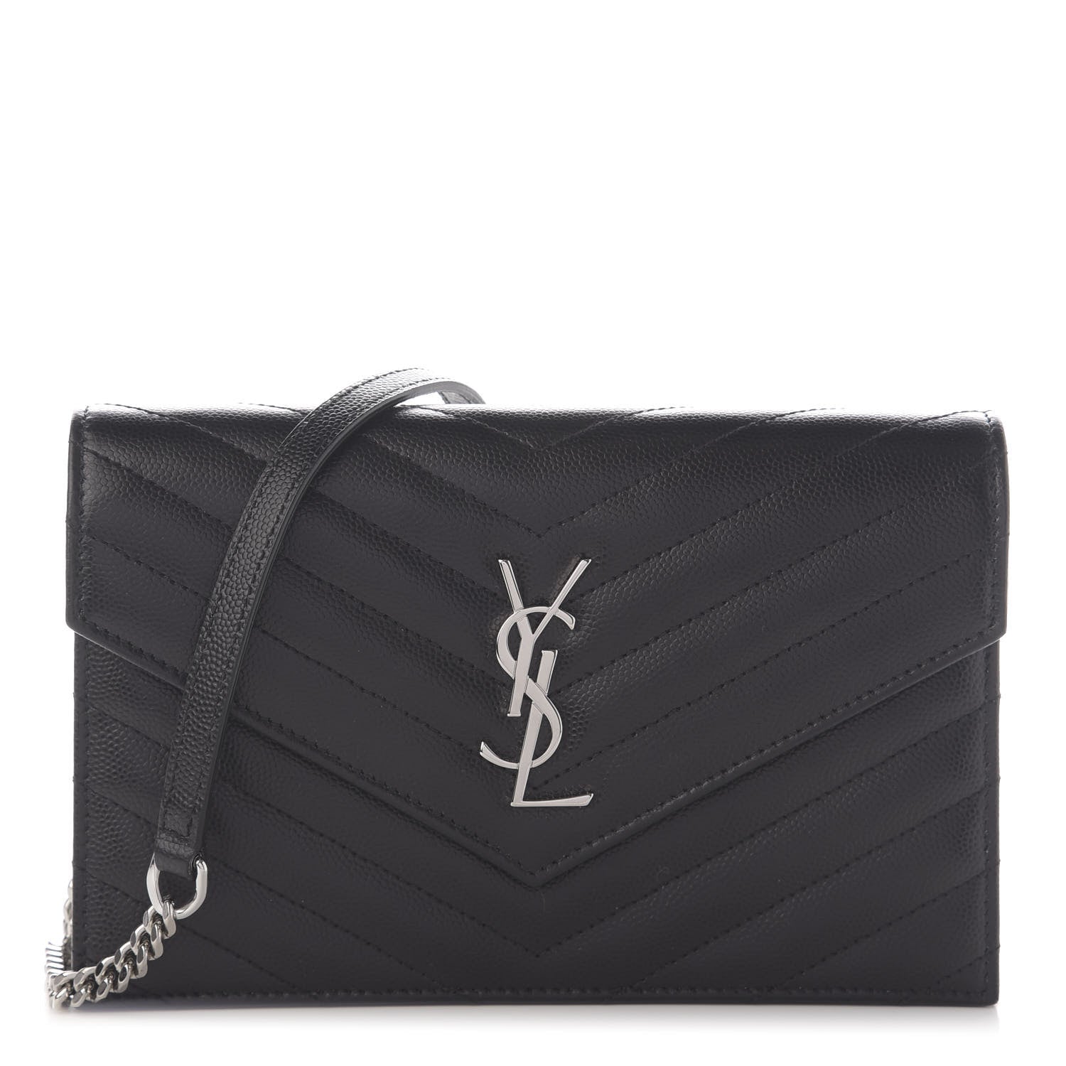 Saint Laurent Grain De Poudre Matelasse Chevron Monogram Envelope Chain Wallet Black 1 of 9