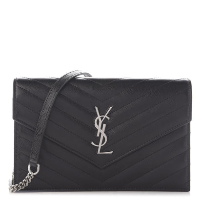 Saint Laurent Grain De Poudre Matelasse Chevron Monogram Envelope Chain Wallet Black 1 of 9