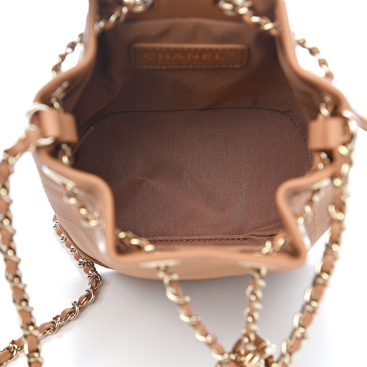 Calfskin Stitched Chain Bucket Bag Beige