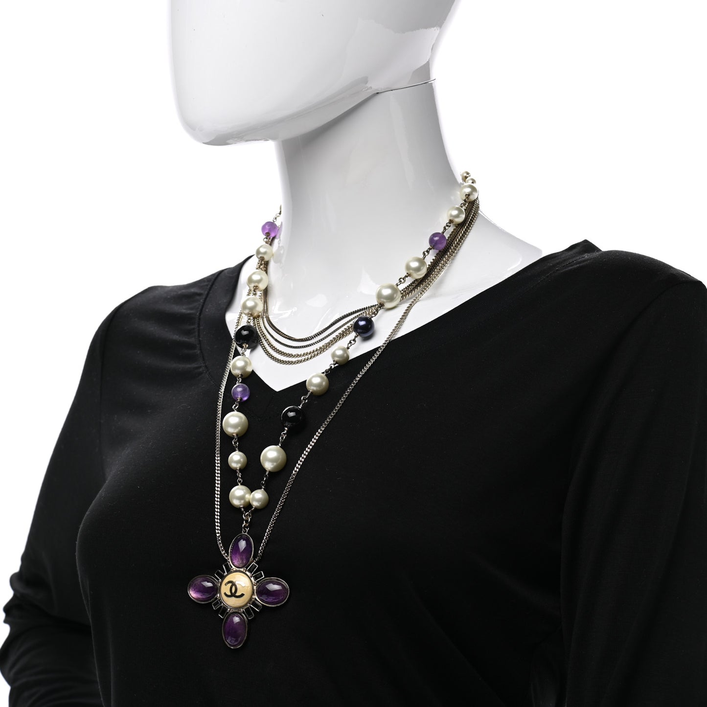 Gripoix Pearl CC Layered Pendant Necklace White Purple