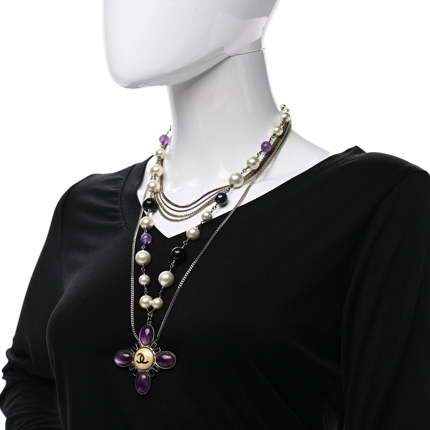 Chanel Gripoix Pearl CC Layered Pendant Necklace White Purple 2 of 5