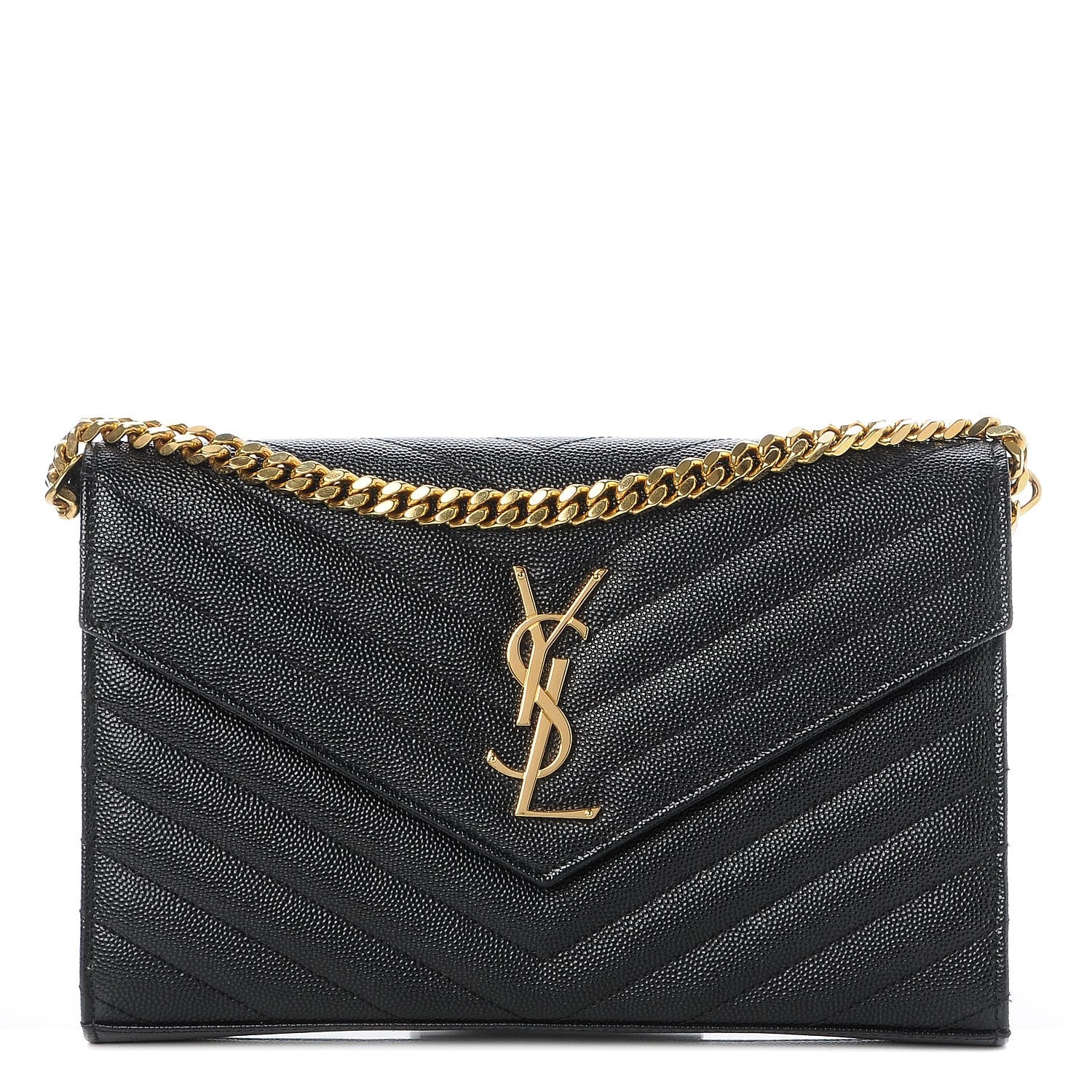 Saint Laurent Grain De Poudre Matelasse Chevron Monogram Chain Wallet Black 1 of 10