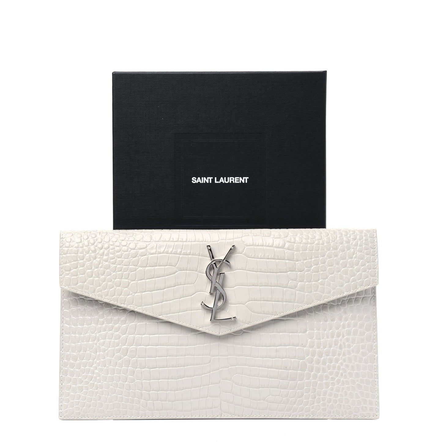 Calfskin Crocodile Embossed Uptown Monogram Pouch Crema Soft