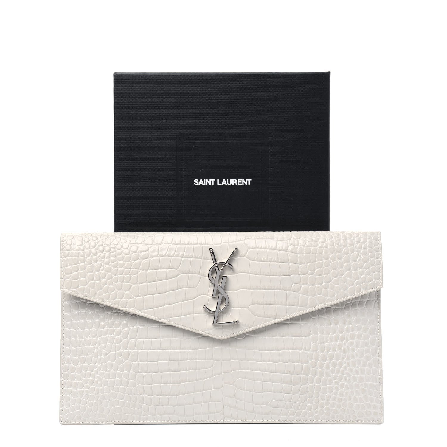 Saint Laurent Calfskin Crocodile Embossed Uptown Monogram Pouch Crema Soft 13 of 13
