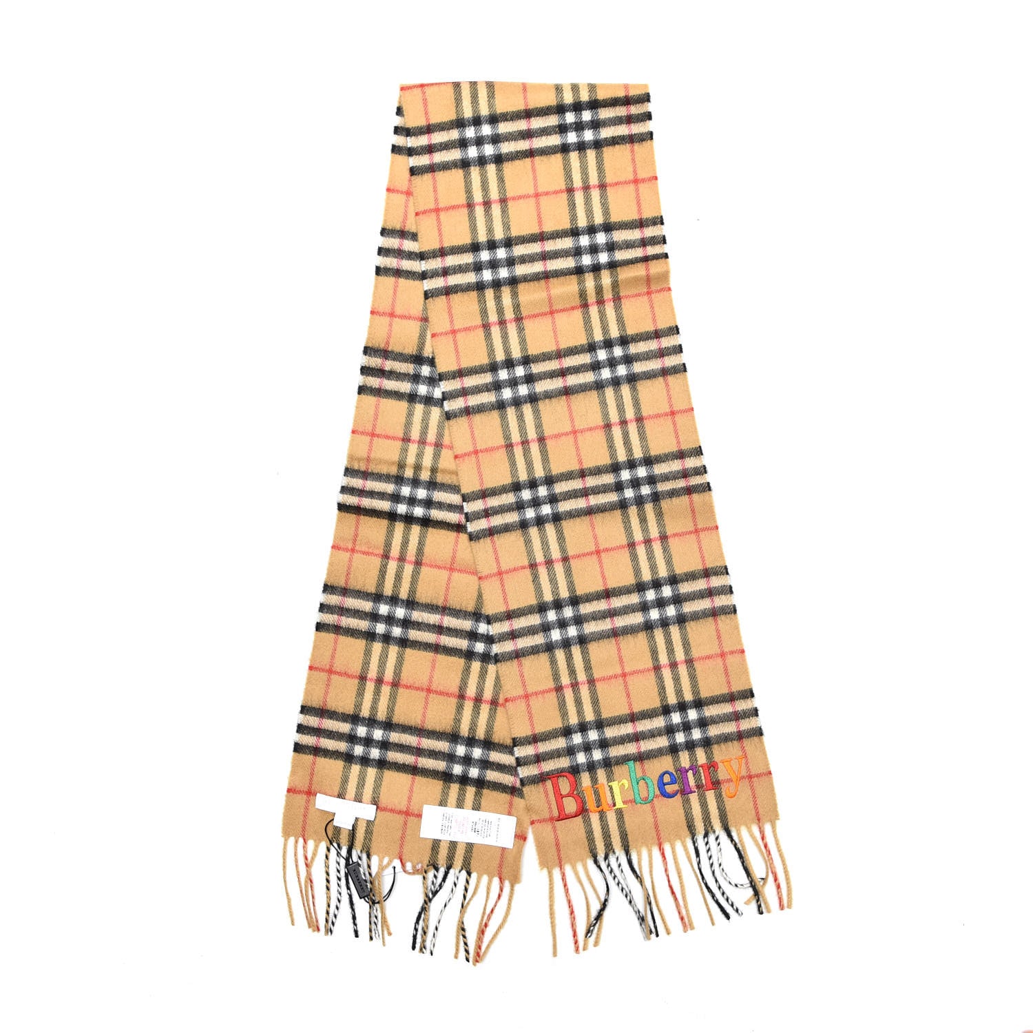Burberry Cashmere Vintage Check Fringe Embroidered Scarf Antique Yellow 3 of 6