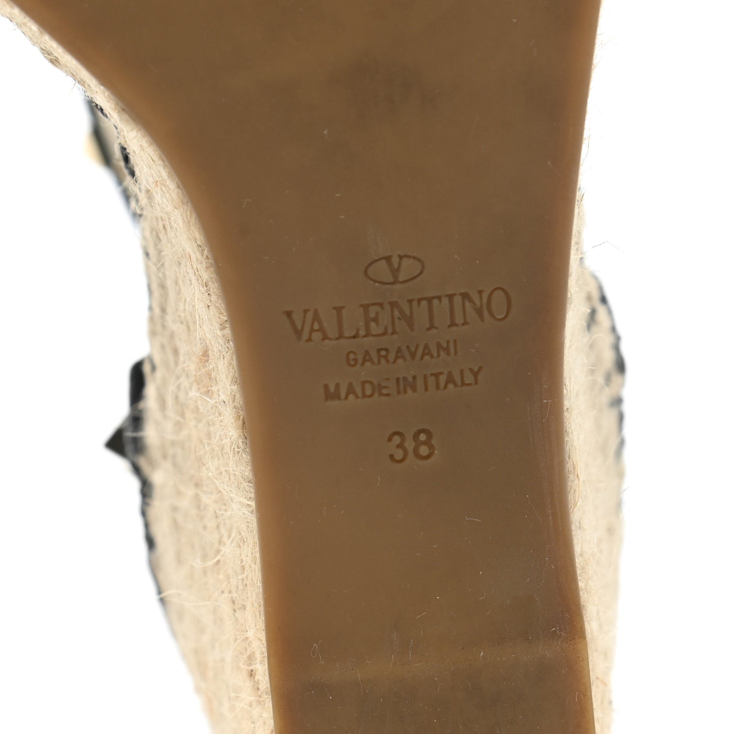Grained Calfskin Rockstud Ankle Wrap Espadrille 15/85mm Wedges 38 Black Light Ivory