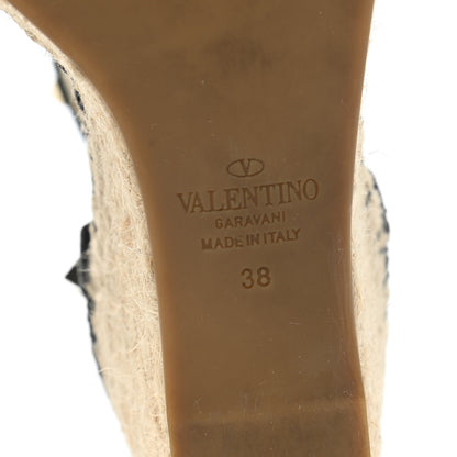 Valentino Garavani Grained Calfskin Rockstud Ankle Wrap Espadrille 15/85mm Wedges 38 Black Light Ivory 6 of 8