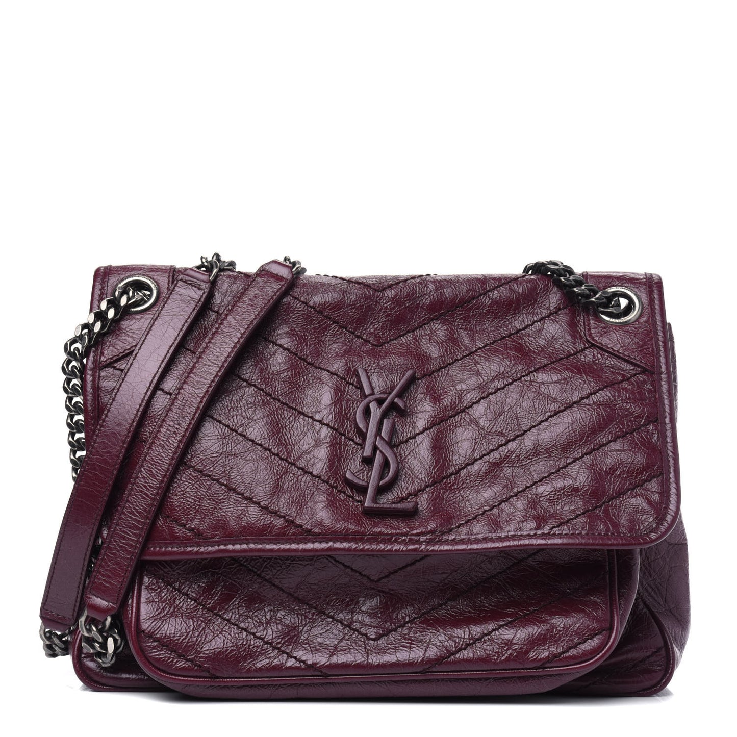 Crinkled Calfskin Matelasse Monogram Medium Niki Chain Satchel Burgundy