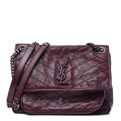 Saint Laurent Crinkled Calfskin Matelasse Monogram Medium Niki Chain Satchel Burgundy 1 of 17